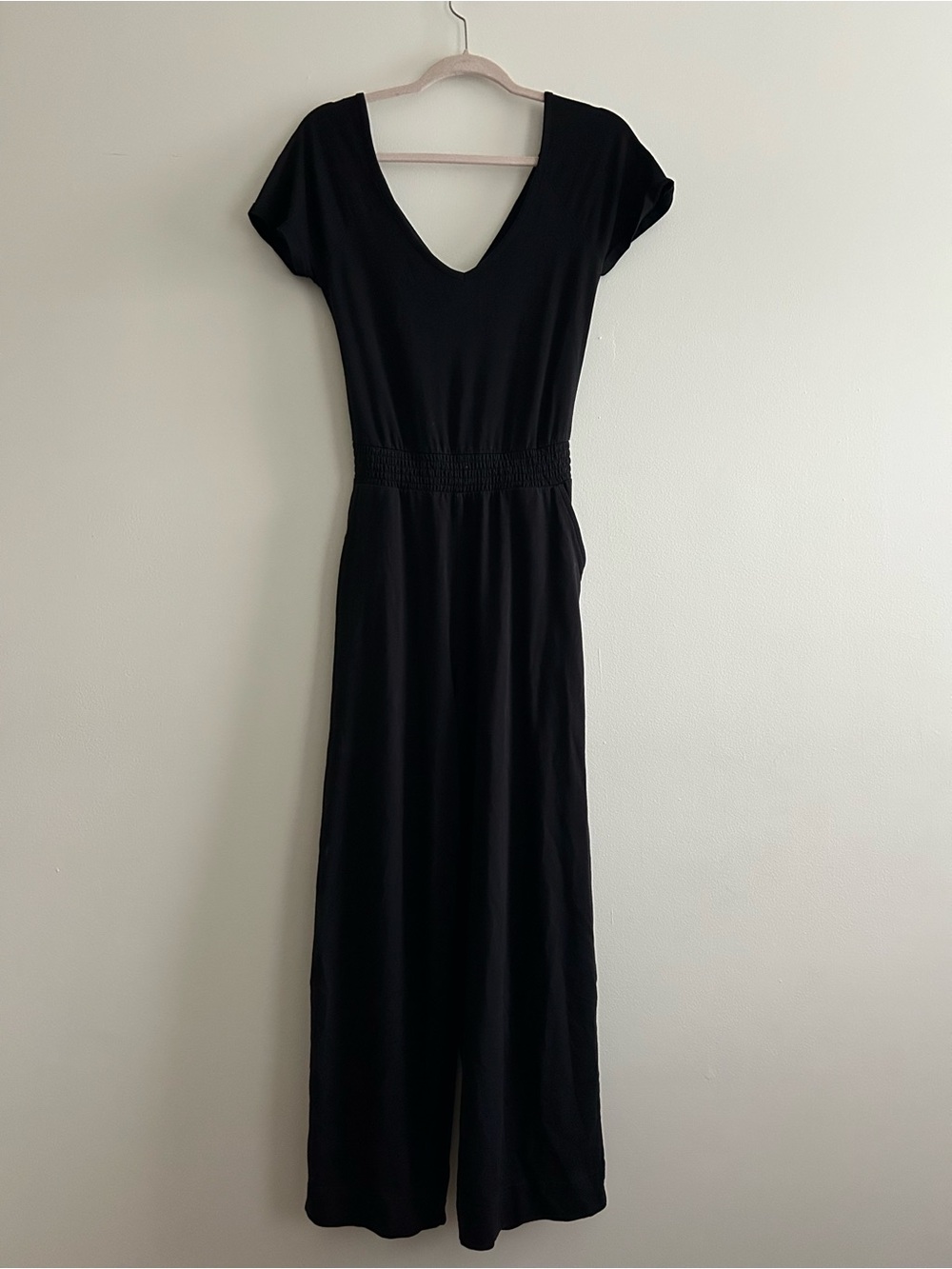 Pact Women's Black Cotton Short-Sleeve V-Neck Jumpsuit With Open Back Detail
